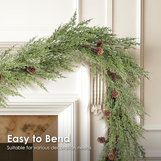 WBHome 2pcs Real Touch Cypress Cedar & Pine Cone Evergreen Garland for Christmas Holiday Seasonal Outdoor/Indoor Home Decor, 9FT Long
