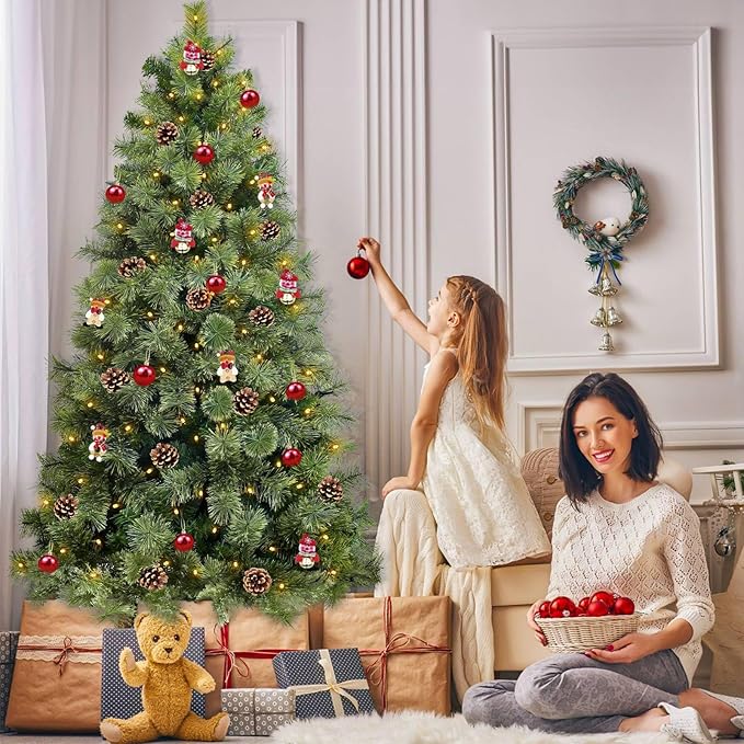 6 Ft by 40" Prelit Full Smoky Pine Christmas Tree with 200 Warm White & Colorful Change Lights Timer,555 Thick Mixed Branch Tips,33 Pinecones,8 Mode,Metal Stand,Hinged Tree Artificial Xmas Tree Decor