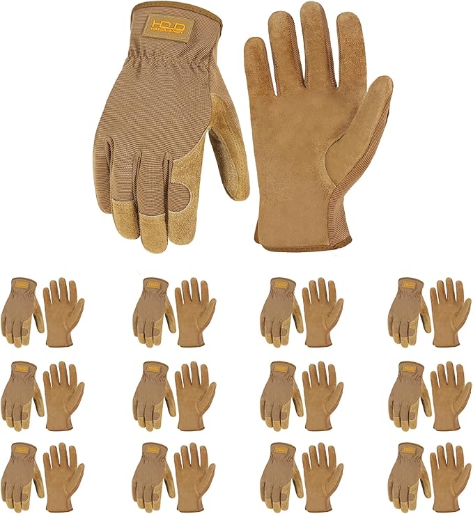 HANDLANDY Men Leather Gardening Gloves, Utility Work Gloves for Mechanics, Construction, Driver