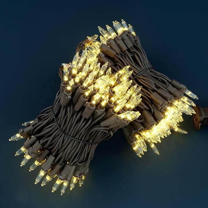YULETIME 200 Warm White Christmas Lights, Pack of 2 Strands of 21 ft 100 Count UL Certified Mini String Light (Warm White - Brown Wire)