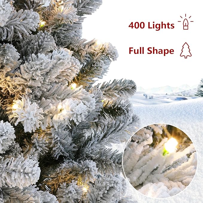 Flocked Christmas Tree, 7.5 ft Prelit Christmas Tree with Lights, 10 Functions, 400 Lights, Spruce Artificial Christmas Tree Prelit with 1832 Realistic Tips & Sturdy Metal Base Easy Assembly