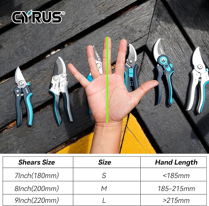 CYRUS Pruning Shears, Garden Shears Sk5 Steel Blades, 2-Stage Adjustable Diameter Pruning Shears12-22 mm, Rose Shears, Professional Bypass Shears, Plant Garden Tools, Hedge Clippers, Pruning Shears