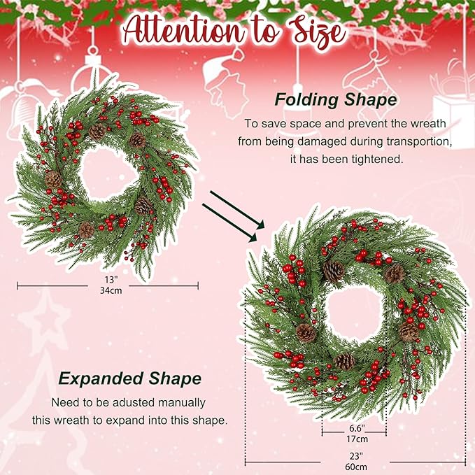 23 inch Norfolk Pine Wreath, Christmas Wreath for Front Door Christmas Door Wreaths with Red Berries Pine Cones Cedar Leaves Artificial Wreaths for Xmas Indoor Outdoor Decorations