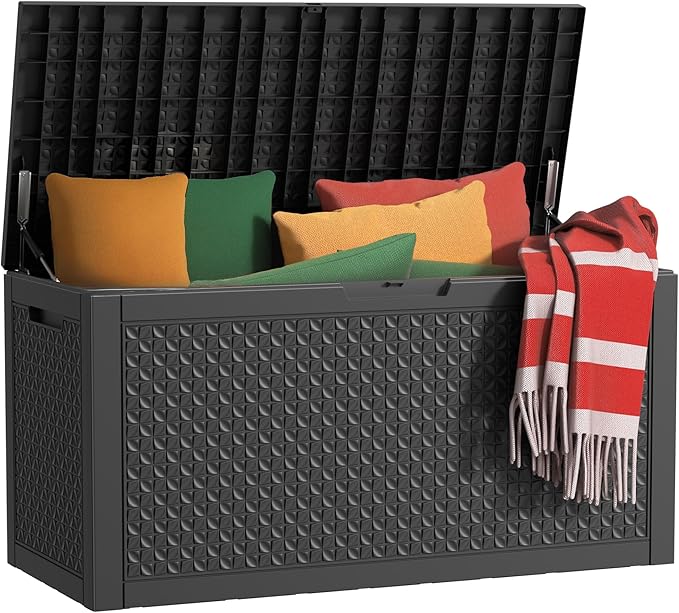 100 Gallon Waterproof Outdoor Storage Box, UV Resistant Resin Deck Box with Hydraulic Rod for Reinforced Stability, Perfect for Patio, Garden, and Pool, Quad Leaf Black