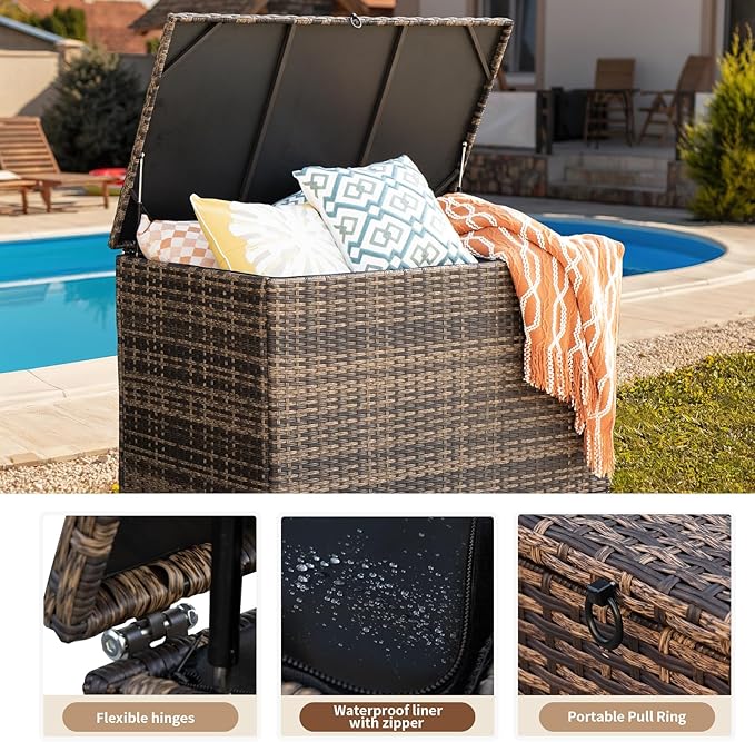 MEISSALIVVE 178 Gallon Outdoor Storage Box, Handle Large Portable Wicker Rattan Deck Box for Patio Furniture Cushions, Patio Deck Box with 2 WheelsThrow Pillows, Garden Tools and Pool Floats (Brown)
