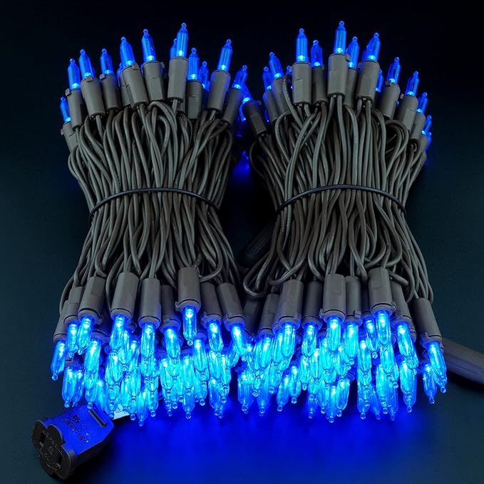YULETIME 200 Blue LED Christmas Lights, 66 Feet Brown Wire UL Certified Commercial Grade Holiday String Light Set