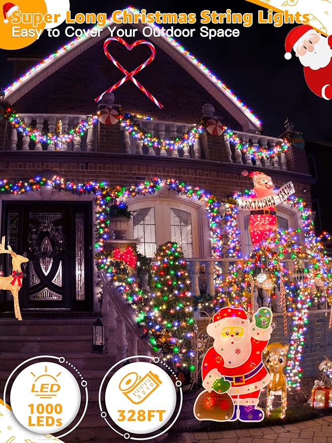 328 FT 1000 LED Christmas Lights, Waterproof Outdoor String Lights with Remote and Timer, Christmas Tree Lights with 8 Modes Dimmable, Fairy Lights for Holiday Decor (Multicolor)