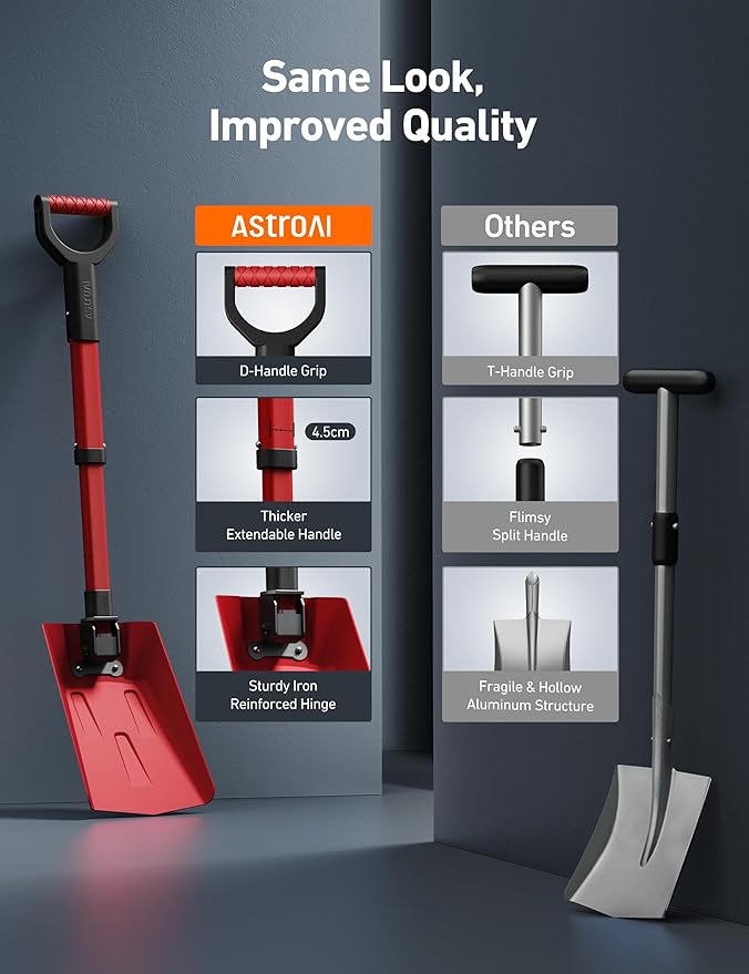 AstroAI 38.4" Foldable Snow Shovel for Car, Retractable Snow Shovel with Thickened Aluminum Handle and Reinforced Iron Hinge, Portable and Multi-Functional for Driveway, Cars, Camping and Slush,Red