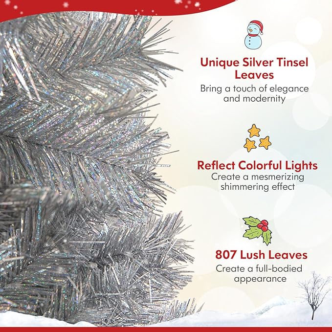 Goplus 7ft Pre-Lit Silver Tinsel Christmas Tree, Artificial Xmas Tree with 807 Branch Tips, 400 Warm White LED Lights, Upgraded Metal Stand, for Home Office Decor