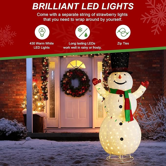 Glitzhome 8FT Giant Lighted Christmas Snowman, Large Foldable White Outdoor 3D Christmas Holiday Snowman Decoration w/ 430 LED Lights, Hat, Scarf, Multicolored Lights