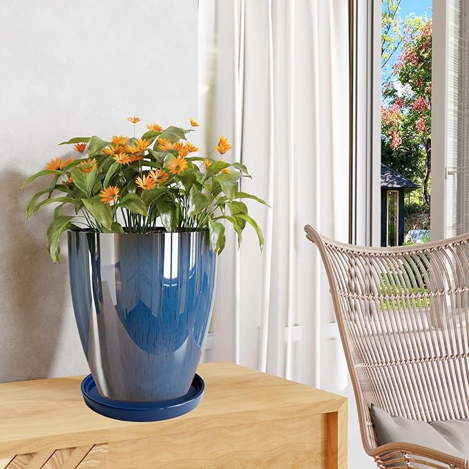 Ceramic Plant Saucer Pot Tray Blue 2pcs-12 Inch, Planter Saucers 4 5 6 7 8 9 10 11 12 Inch for Indoors Outdoor, Durable Sturdy Flower Drainage Tray for Glazed Pots Base (12.5 Inch-Blue)