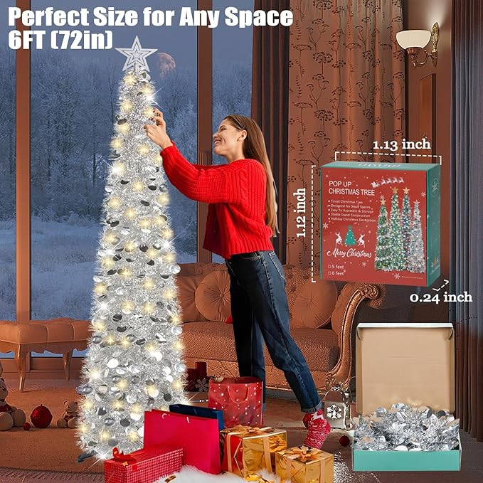 HMASYO 6 FT Pop Up Christmas Tree with 100 LED Lights & Remote, Silver Christmas Tinsel Tree, Collapsible Artificial Pencil Tree for Home Office Party Decor, USB Powered Timer Lights, Easy Assembly