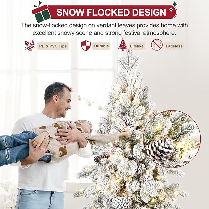 8 FT Pre-Lit Snow Flocked Slim Fir Christmas Tree with 1634 PE & PVC Mixed Branch Tips,Artificial Skinny Pencil Xmas Tree with 1000 Warm-White Lights & 44 Pine Cones,Hinged Pine Tree with Metal Stand