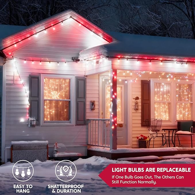 Joiedomi C6 Red & White Christmas Lights, 100 LED Steady On Strawberry Lights, 33.66 FT Connectable Christmas String Lights for Indoor Outdoor Party Home Yard Xmas Tree House Decorations, Green Wire