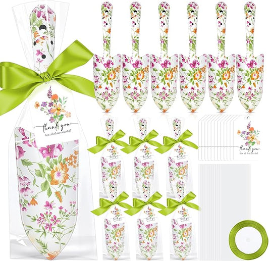 Capoda 12 Sets Floral Garden Shovels Bulk Gardening Gift for Women Mini Garden Tools Heavy Duty Floral Hand Trowels Thank You Cards with Gift Bags for Mom Birthday Teacher Employee(Green,Classic)