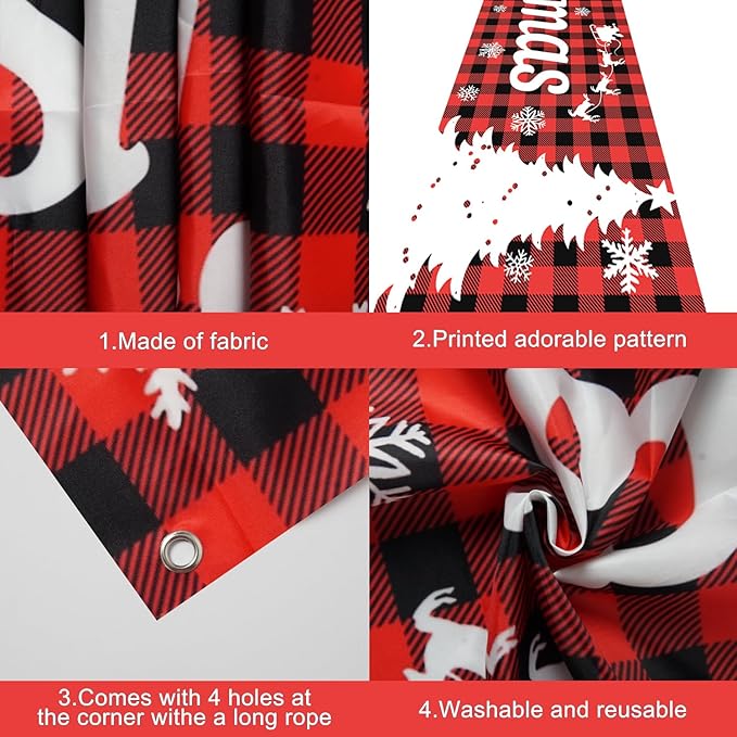 Happy Christmas Large Banner,Vintage Christmas Tree Snowman Banner for Outside,Merry Christmas Red Plaid Decorations for Yard Garden 120x20 Inches