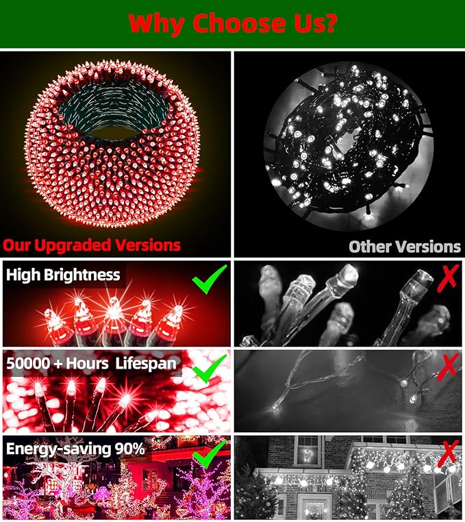 300LED Christmas Lights Outdoor Indoor Use, 12 Lighting Modes 75ft Christmas Tree Lights with Timer, Dimmable Plug in Red LED StringLights Waterproof for Yard Tree Wedding Party Holiday Red