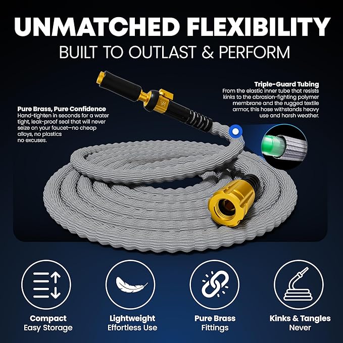 TITAN Flexible Garden Hose 100FT – Ultra Lightweight, Heavy Duty Water Hose with Brass Fittings & Jet Nozzle – Kink-Free, Non-Expanding, Durable Fabric Hose for Yard, Lawn, Car Wash, Outdoor Use