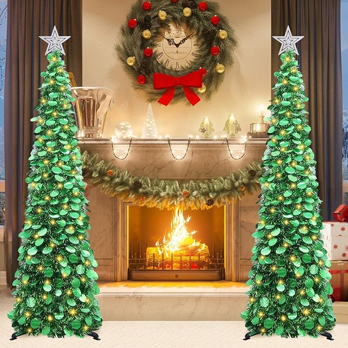 HMASYO 5 FT Pop Up Christmas Tree with Timer Lights, Green Christmas Tinsel Tree, Collapsible Artificial Pencil Christmas Tree for Indoor Home Apartment Porch Holiday Party Decorations