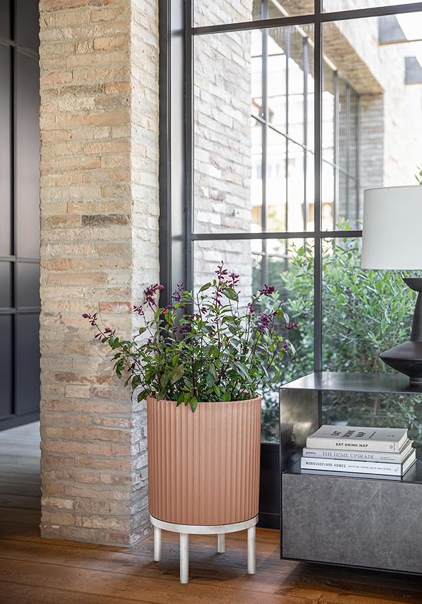 Veradek Demi Series Round Planter w/Stand for Porch/Patio | Durable Plastic-Stone Composite & Wooden Stand | Modern Décor for Tall Plants, Flowers