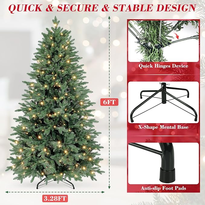 6ft Christmas Tree Prelit w/ 2085 PE & PVC Mixed 'Feel Real' Branch Tips, 400 Warm LED Lights, Hinged Spruce Artificial Xmas Tree with Metal Stand & Storage Bag for Home, Office, Party Décor