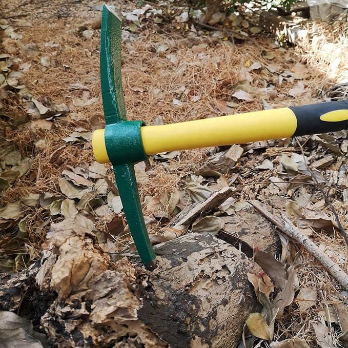 KINJOEK 17.7 Inch Pick Mattock Hoe, Forged Weeding Pickaxe Garden Pick Axe with Fiberglass Handle for Digging, Loosening Soil, Gardening, Camping or Prospecting