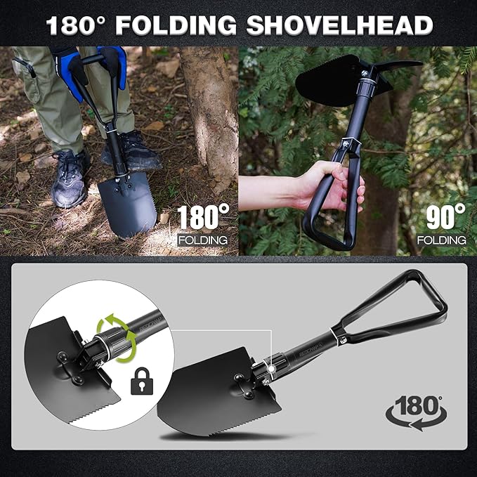 REDCAMP 23" Survival Folding Camping Shovel w/Cover,Portable Shovel with High Manganese Steel, Tactical Entrenching Tool Tri-fold Handle Shovel for Camping Hiking Sand Mud Snow Beach, Black 2.5Lbs
