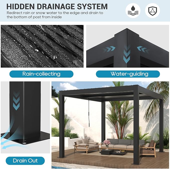 LVUYOYO Outdoor Louvered Pergola 10' x 10', Aluminum Pergola with Adjustable Roof, Waterproof Metal Gazebo for Patio, Backyard, Garden, Deck (Black)