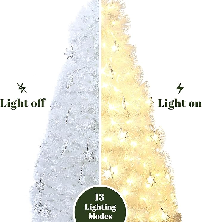 LuxenHome 5FT White Christmas Tree, 13 Lighting Funtions Artificial Fiber Optic Christmas Tree with 179 LED Lights, 336 PVC and Bristle Tips, Plug-in White Xmas Trees for Living Room, Entryway Decor