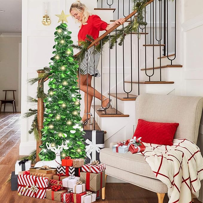 HMASYO 6 FT Pop Up Christmas Tree with 100 LED Lights & Remote, Green Christmas Tinsel Tree, Collapsible Artificial Pencil Tree for Home Office Party Decor, USB Powered Timer Lights, Easy Assembly