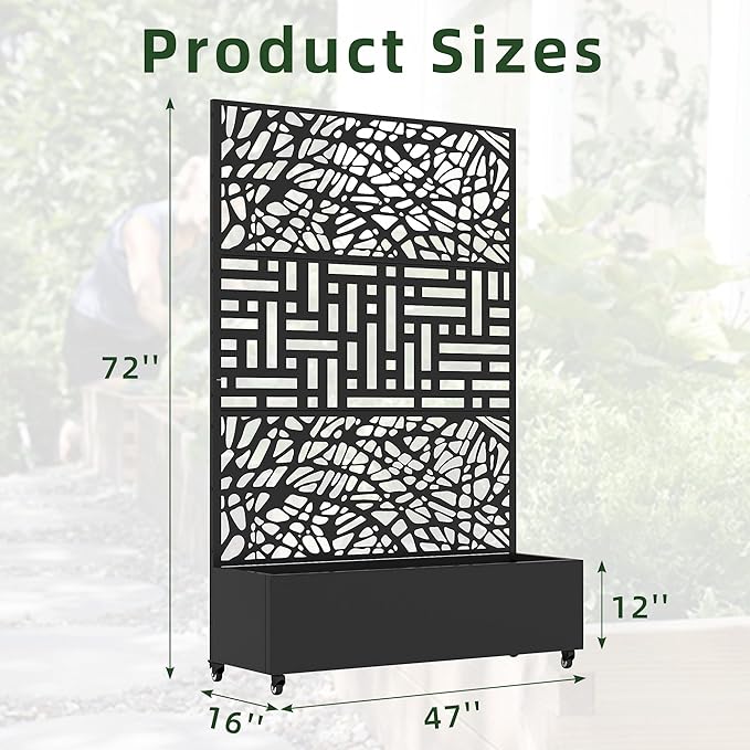 Casaphoria Metal Raised Garden Bed with Trellis and Wheels, 72"x47"x16" Planter Box for Climbing Plants, Vegetables & Vines, Features Drainage Holes and Privacy Screen, Black(Net&Helen)