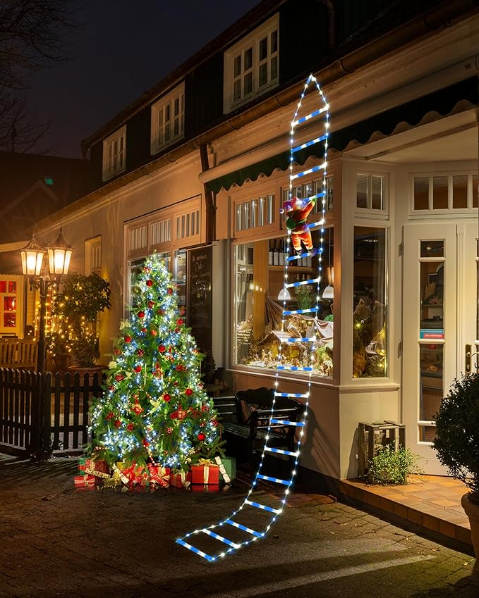 Toodour LED Christmas Lights - 10ft Christmas Decorative Ladder Lights with Santa Claus, Xmas Decorations Light for Indoor Outdoor, Window, Garden, Home, Wall, Xmas Tree Decor - White & Blue