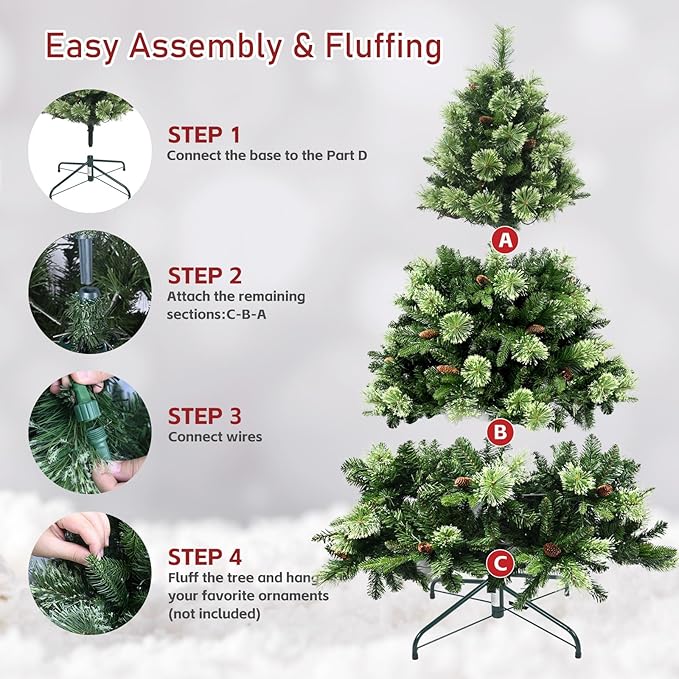 Kadunmina 5ft Prelit Christmas Tree, Artificial Carolina Pine Christmas Tree with 290 Warm White Lights, Pine Cones, 647 Branch Tips and Metal Stand for Home, Office, Holiday Party Decoration