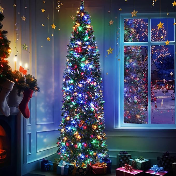 Dual Color Change&Timer 6Ft Prelit Artificial Slim Christmas Tree, 240 Warm White&Colored Lights, 658 Thick Branch Tips, 8 Mode, Fire-Resistant, Metal Stand, UL Plug, Hinged Christmas Xmas Tree Decor