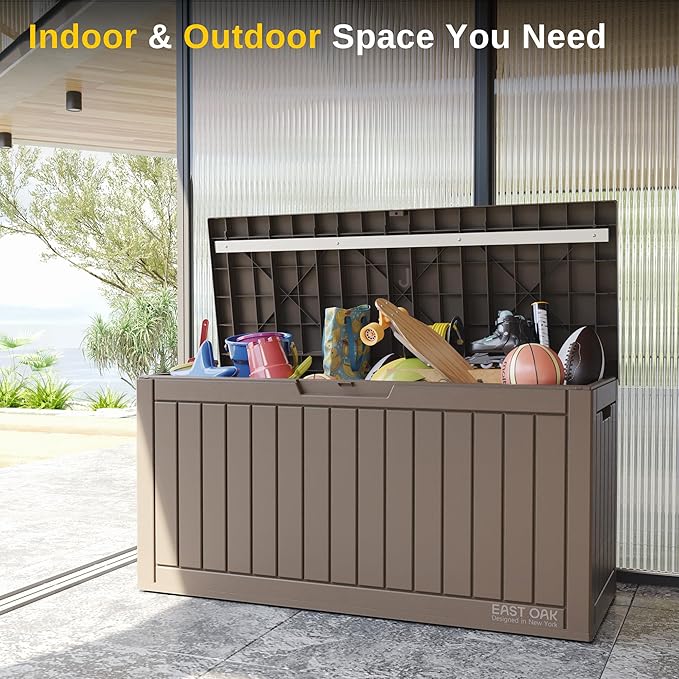 EAST OAK Outdoor Storage Box, 60 Gallon Deck Box Indoor and Outdoor Use, Waterproof Resin Storage Bin for Patio Cushions, Gardening Tools, Lockable, UV Resistant, Brown