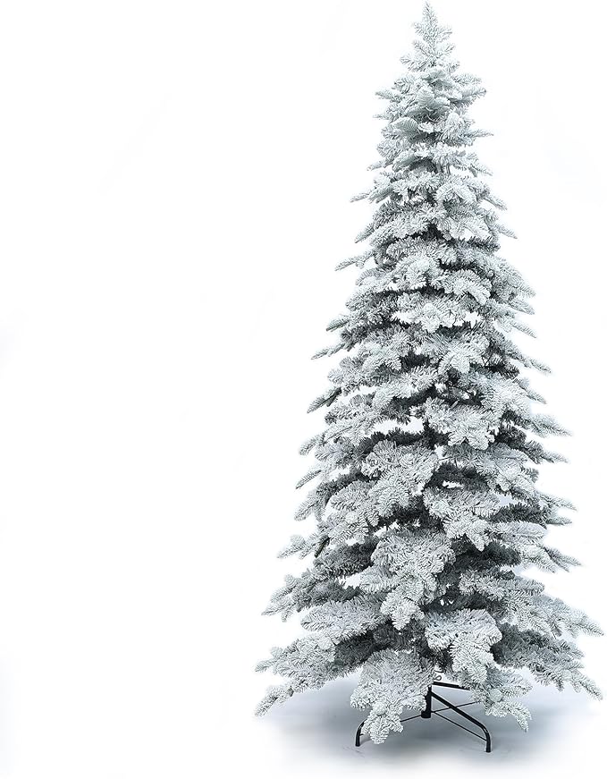 LuxenHome 7FT Flocked Christmas Tree with Lights, Downswept Slim Prelit Christmas Tree with 400 Adjustable LED Globe Lights, 1196 PE+PVC Tips, Lighted Xmas Trees for Holiday Decoration
