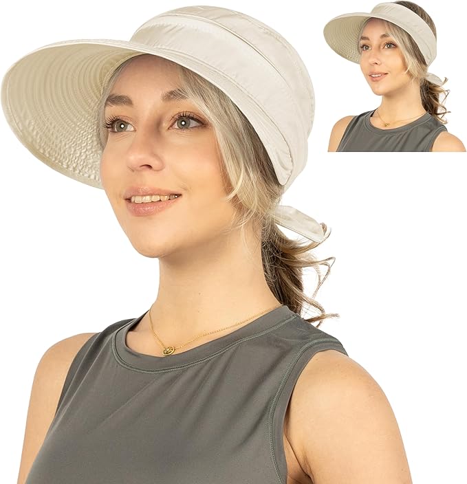SUN CUBE Women Sun Hat for Outdoor UV Protection, Wide Brim Sun Hat Ponytail, Convertible Zip-Off Beach Hat Visor