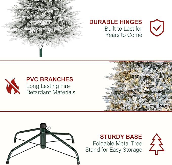 Hykolity 7.5 ft Prelit Snow Flocked Christmas Tree, 2933 PE&PVC Realistic Branch Tips, Artificial Twinkling Christmas Tree with 450 Warm White LED Lights, Metal Stand and Hinged Branches