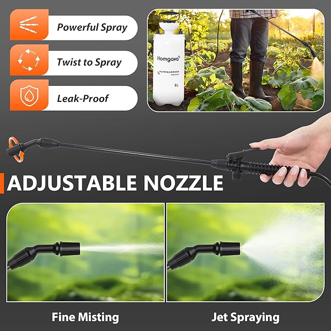 2.1 Gallon/8L Pump Sprayer, Pressurized Water Spray Bottle with 2 Nozzles, Adjustable Shoulder Strap & Safety Valve, Lawn and Garden Sprayer for Watering, Fertilizing, Cleaning