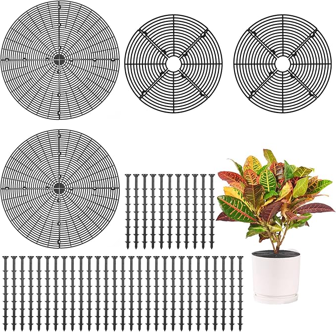 4 Pcs Plant Pot Grids, 11.8in and 20.5in Cuttable Grid Flower Pot Covers with 40 Stakes, ABS Plant Flower Protectors, Pet Digging Stoppers for Indoor Outdoor Plants