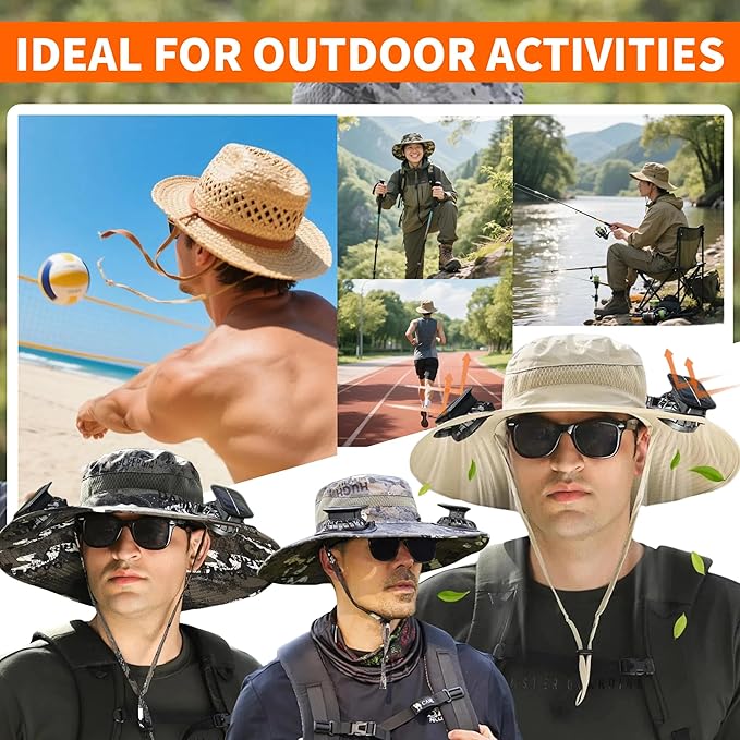 Wide Brim Solar Fan Hat for Men Women- UPF 50+ Sun Bucket Hat with 2 Built-in Solar Powered Fans for Fishing, Hiking & Beach