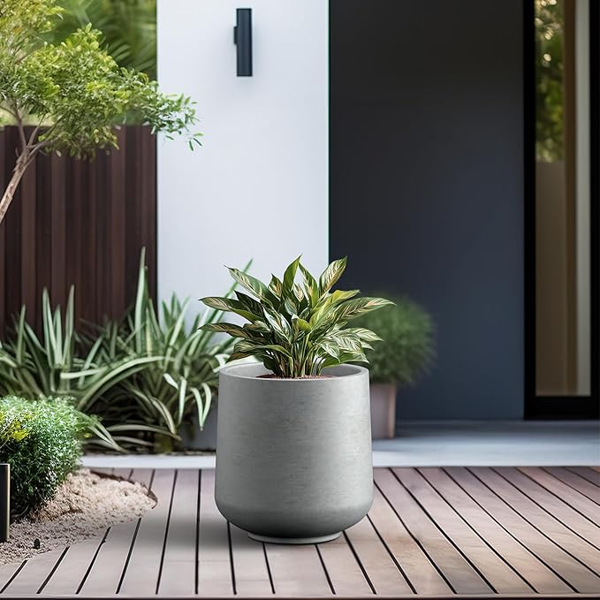 Kante 15.3" Dia Round Concrete Planter, Outdoor Indoor Large Plant Pots Containers with Drainage Hole and Rubber Plug for Home Garden Patio, Gray Concrete