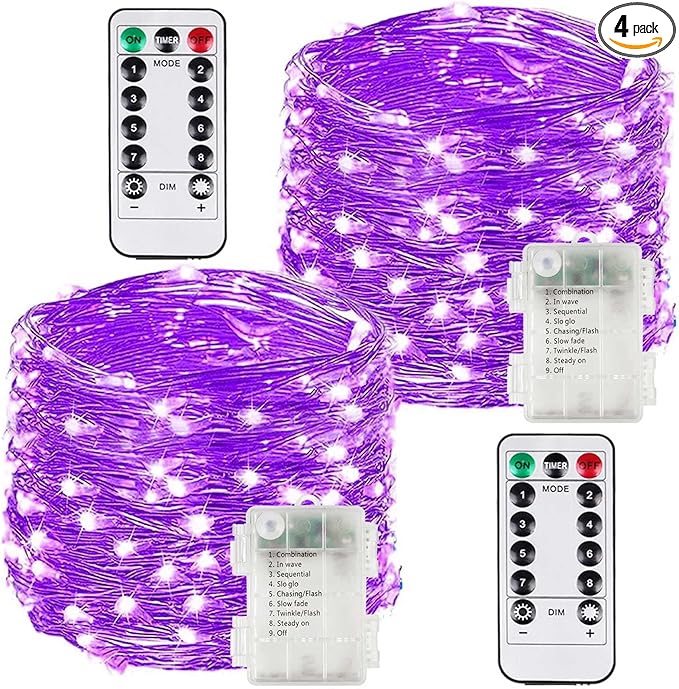 2 Pack 100LED Christmas Battery Operated Fairy Lights with Remote, 8 Modes String Lights with Timer, Dimmable, Memory Function, Waterproof Twinkle Lights for Outdoor Indoor Christmas Decor(Purple)