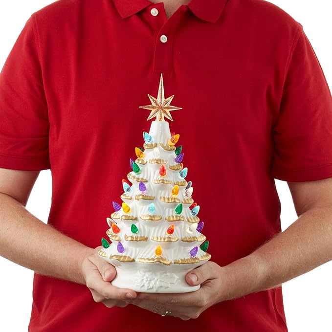 Casafield Hand Painted Ceramic Christmas Tree, White 12-Inch Pre-Lit Tree with 100 Multi Color Lights and 2 Star Toppers