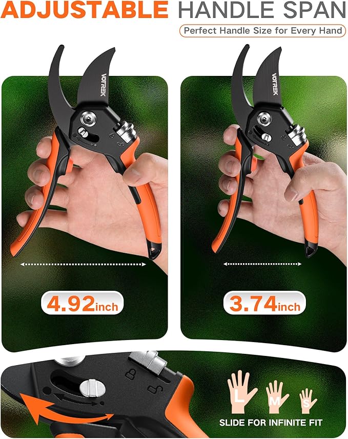 8.5" Pruning Shears for Gardening, 【Unique Stepless Handle Opening】Professional Bypass Garden Clipper, Heavy Duty Plant Pruners for Branch 【SK5 Steel Blades】【Built-in Spring】【All Hand Sizes】