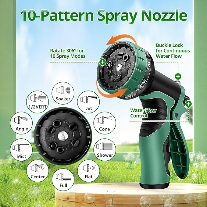 50 ft Garden Hose, 2025 Upgarded Flexible Water Hose 50ft With 10-Pattern Spray Nozzle, Kink-Free, Lightweight, Durable, Leak-Proof Solid Brass Fittings (DarkGreen)