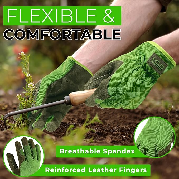 HANDLANDY Men Leather Gardening Gloves, Utility Work Gloves for Mechanics, Construction, Driver
