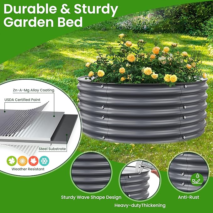 Round Raised Garden Beds, 42''x42''x17''Outdoor Galvanized Garden Planter Box for Vegetable Fruits Flower Herb (Deep Grey)
