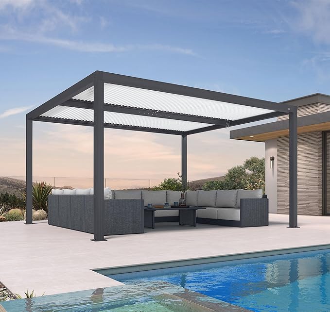 PURPLE LEAF Louvered Pergola 12' x 14' Outdoor Aluminum Pergola with Hidden Drainage System and White Adjustable Sun Shade Roof Patio Hardtop Large Pergolas for Patio Dining Backyard Deck