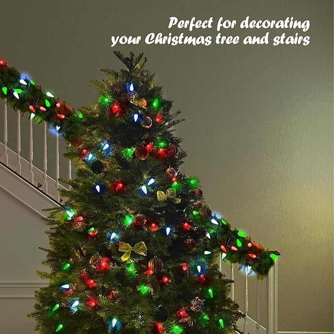 WBao C6 Battery Operated Christmas String Lights, 100 LED 33ft with 8 Modes, Timer, Waterproof for Indoor Outdoor Christmas Trees, Fence, Stairs Xmas Decorations, Red Green White